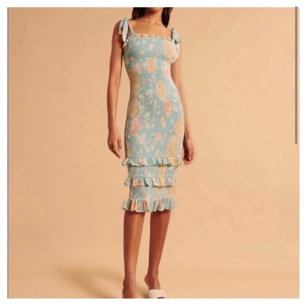Abercrombie & Fitch Blue Floral Smocked Ruffle Midi Dress Size XL